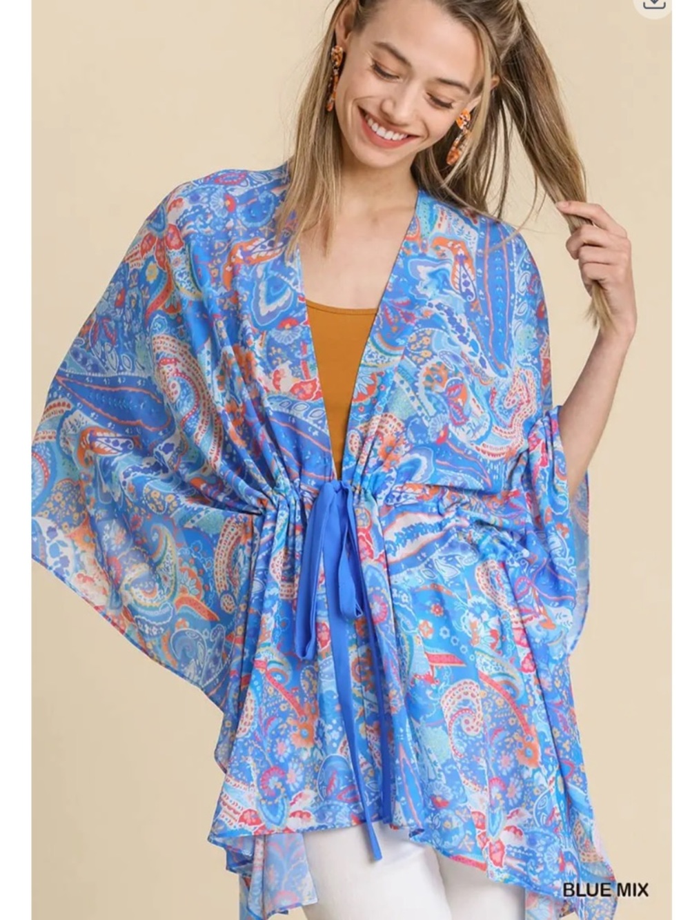 Umgee Mixed Paisley Print Open Front Kimono with Waist Tie